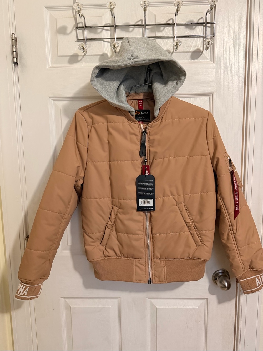 Vintage Alpha Industries women’s rose gold Bomber Jacket with Grey Hood